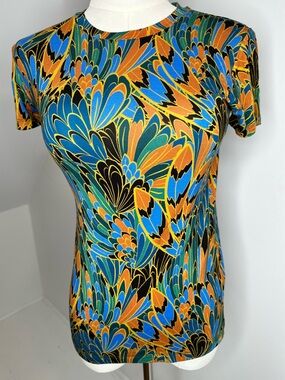 L’AGENCE Ressi Fitted Tee Multicolor Abstract Print Stretch Jersey Slim Top